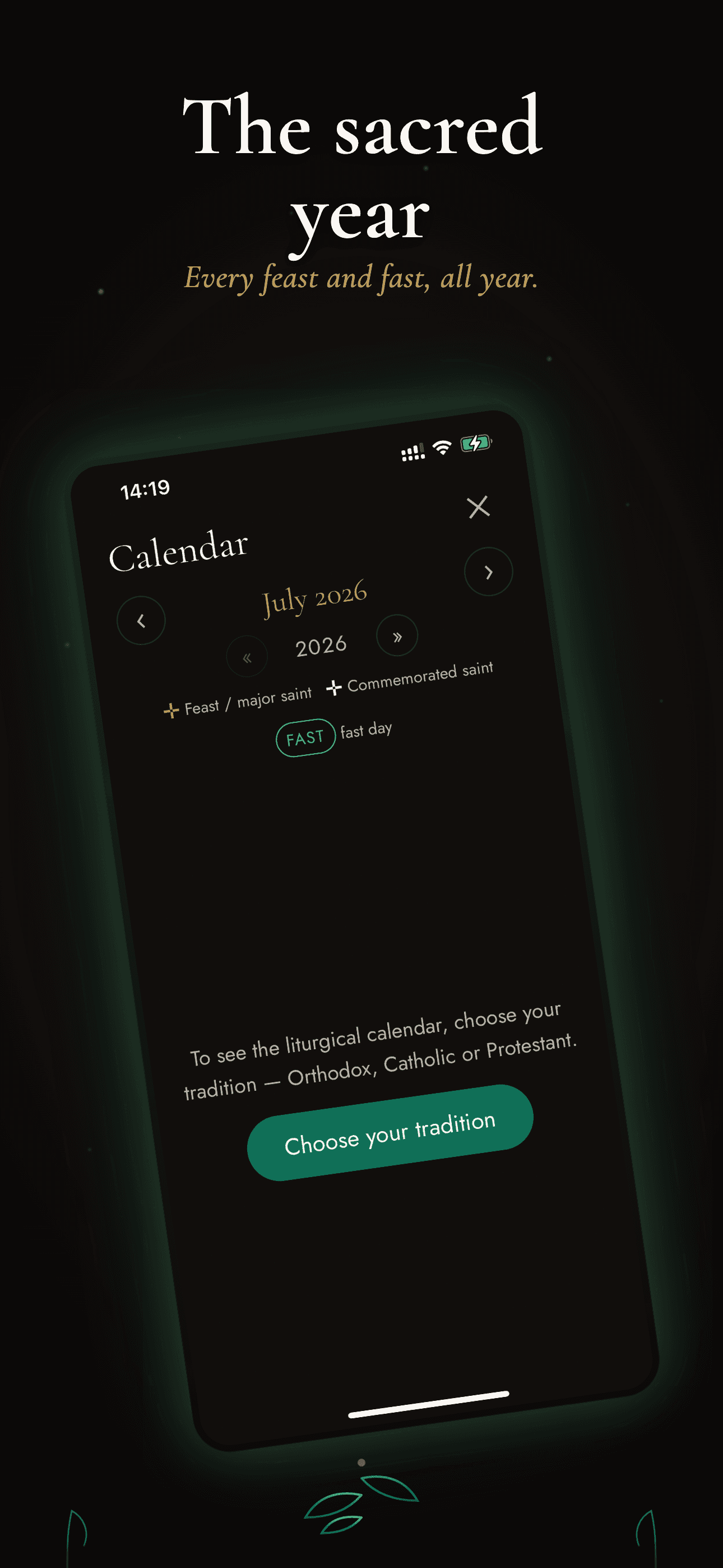 The liturgical calendar screen for the chosen tradition
