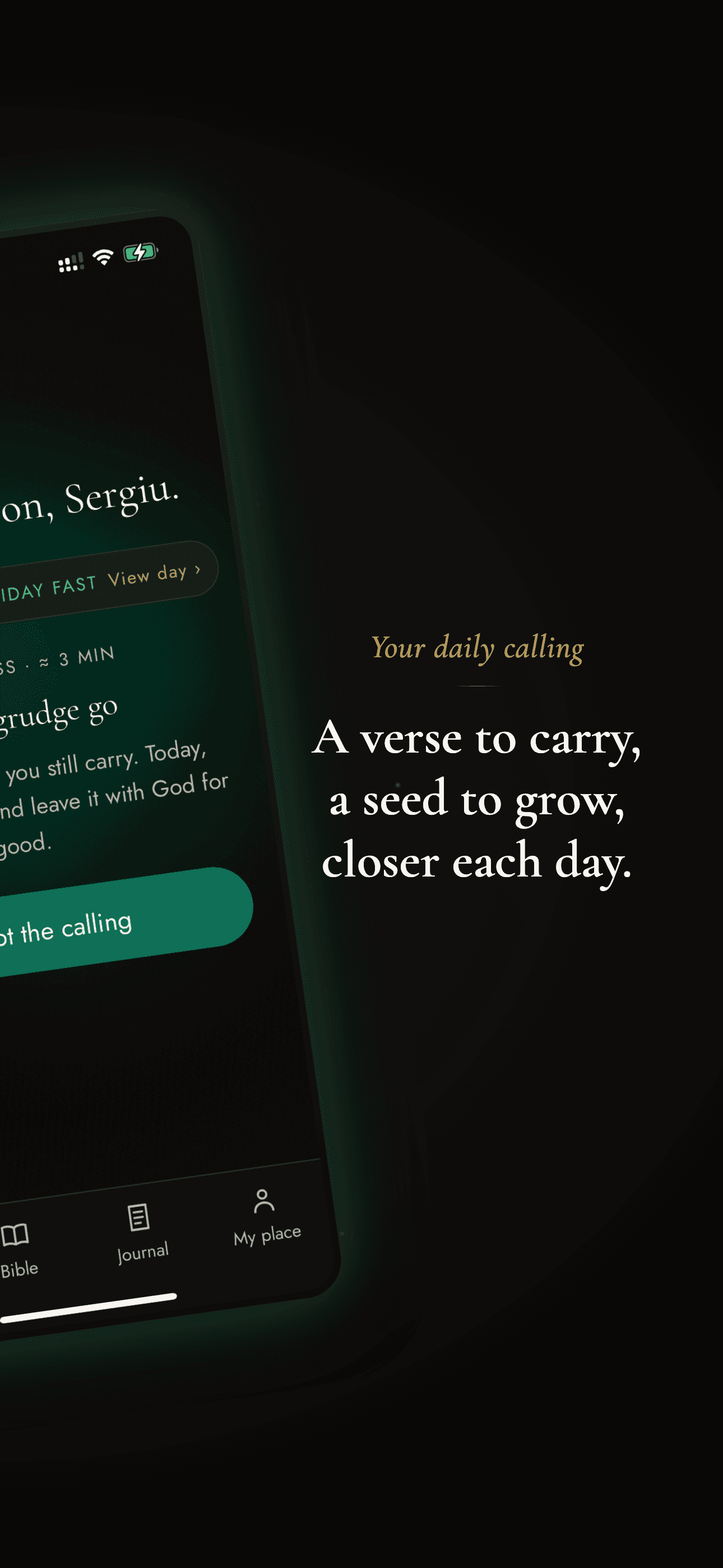 The daily calling screen with an accepted good deed and its verse