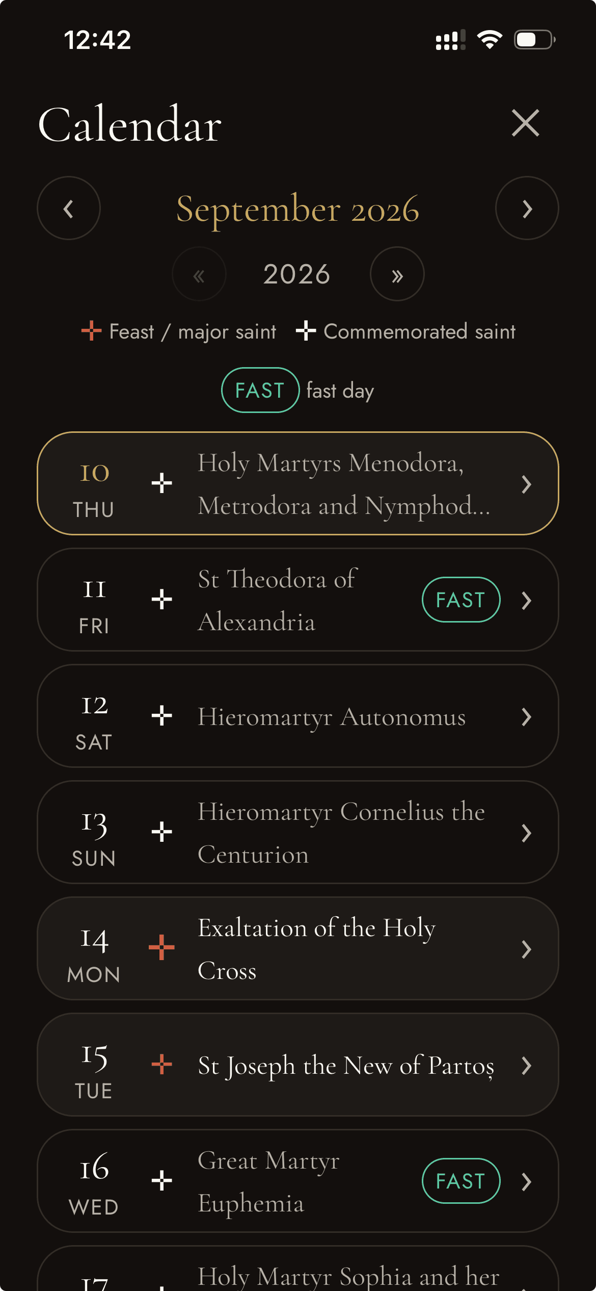 The liturgical calendar screen for the chosen tradition